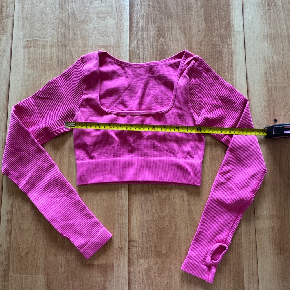 OQQ Hot Pink Seamless Ribbed Long Sleeve Crop Top Square Neck Thumbholes S